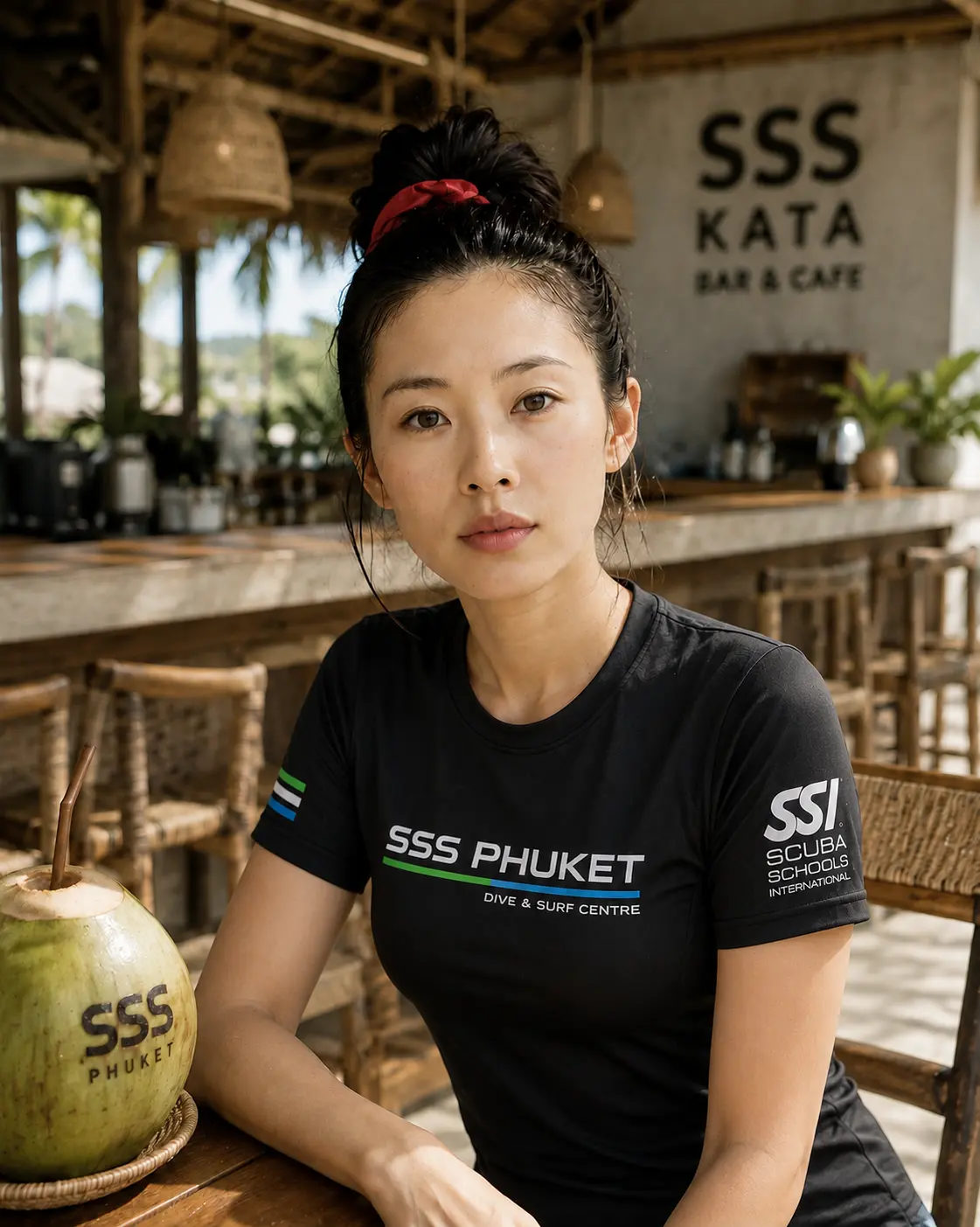 Free SSS Phuket t-shirt worn by a scuba diver at SSS Kata Bar & Café